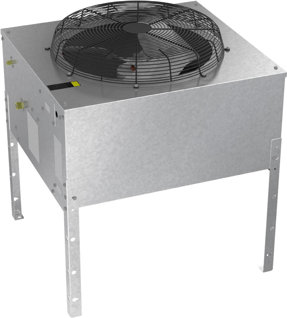 Ice-O-Matic RC106G49 remote condenser, galvanized steel cabinet with top fan, front angle view