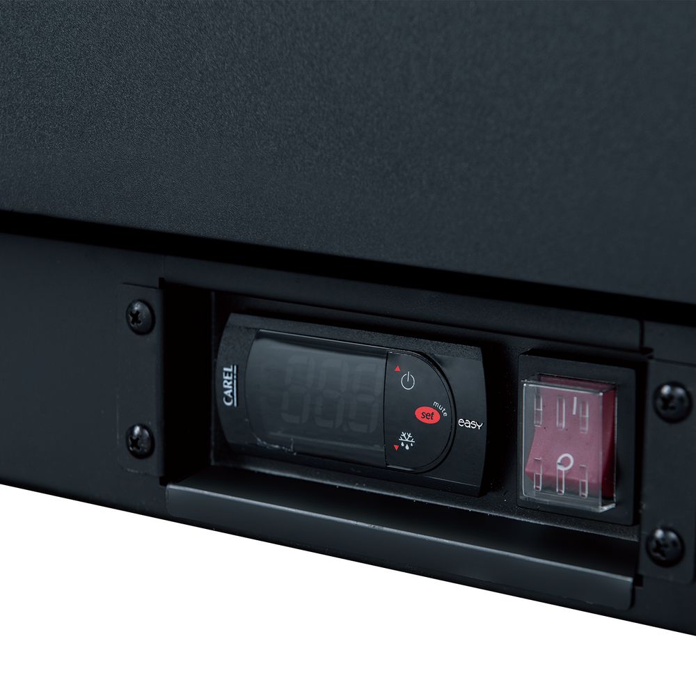 Coldline BBC-80 black horizontal bottle cooler, digital controller and power switch, close-up