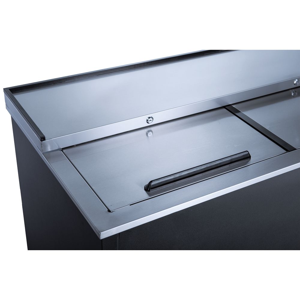 Coldline BBC-50 black horizontal bottle cooler, sliding lid and stainless steel top, close-up