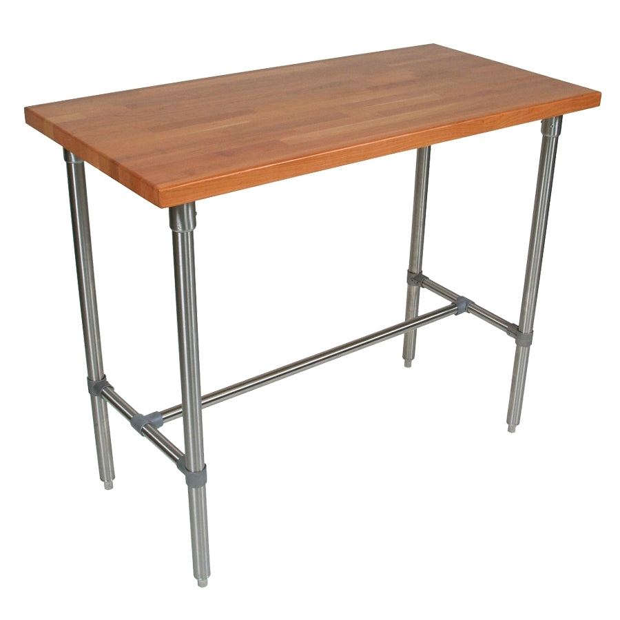 John Boos CHY-CUCKNB430 48" American Cherry Utility Table, 1-1/2" Thick Edge Grain Top, Varnique Finish, Stainless Steel Base