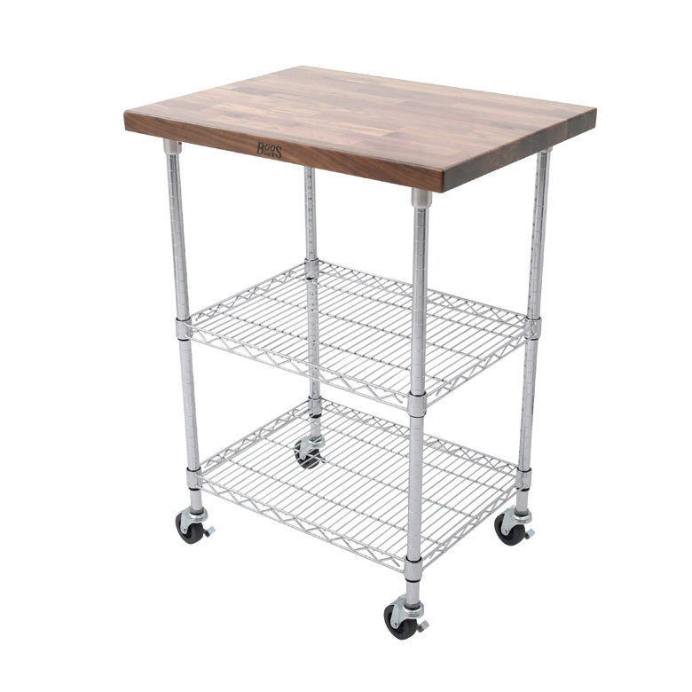 John Boos MET-WWC-2 33" Metropolitan 2-Shelf Chrome Wire Utility Cart w/ Walnut Wood Top
