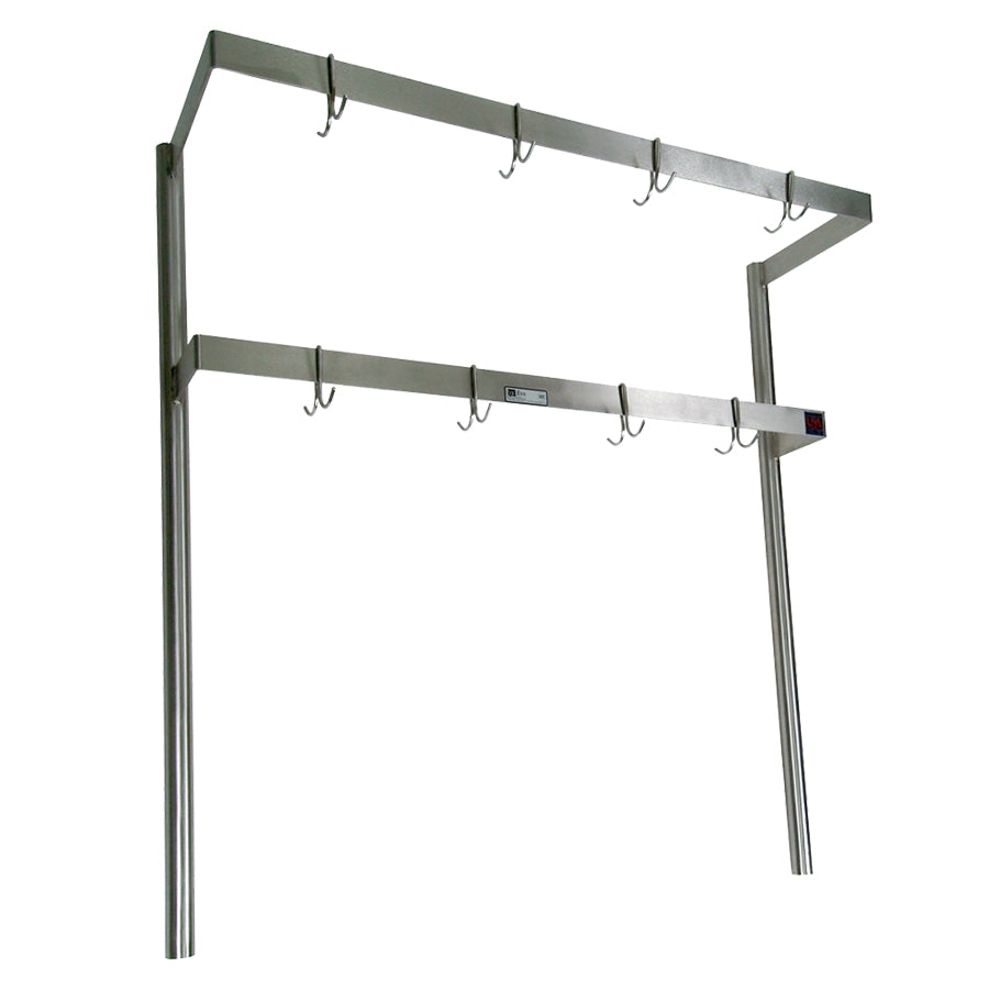 John Boos PRD1 43" Stainless Steel Double Bar Table Mounted Pot Rack with 8 Double Prong Hooks