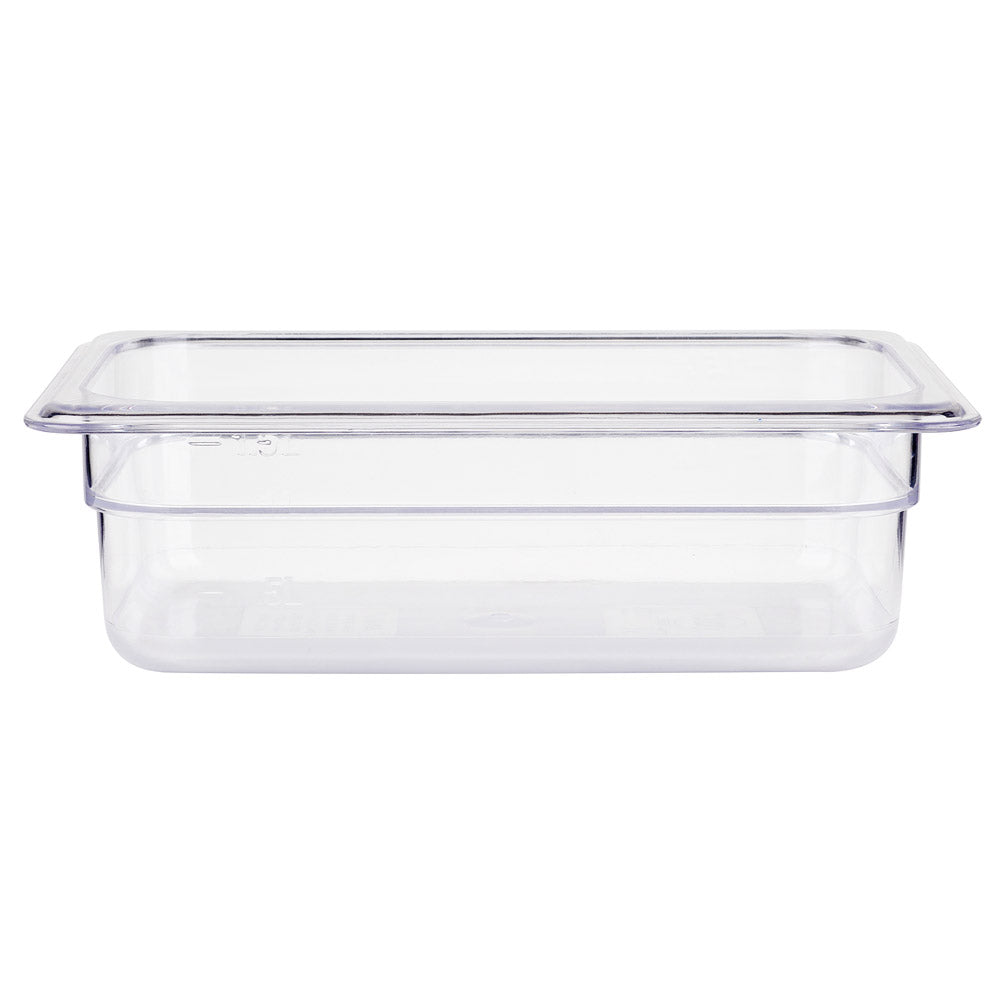 Prepline PPFP13-4 1/3 size clear polycarbonate food pan, 4 inches deep, side view