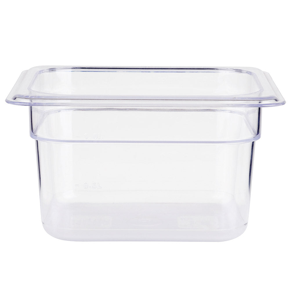 Prepline PPFP16-4 1/6 size clear polycarbonate food pan, 4 inches deep, side view