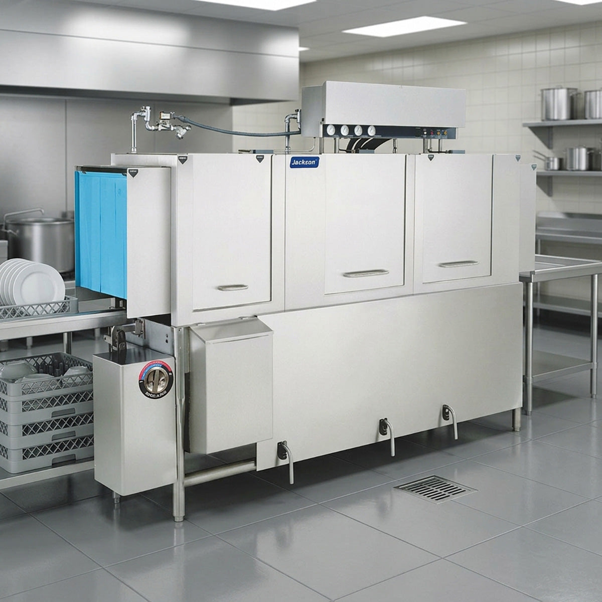 Jackson WWS AJ-86CE 86" Conveyor Dishwasher, 287 Racks/Hr - 222 Gal/Hr - High Temp without Booster