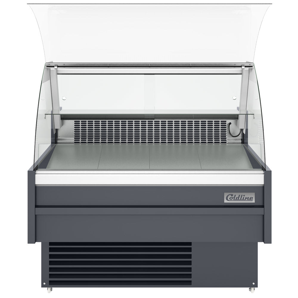 Coldline SDC48 curved glass meat deli case, front view with glass raised