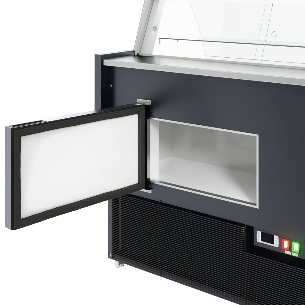 Coldline SDC48 curved glass meat deli case, rear storage door open