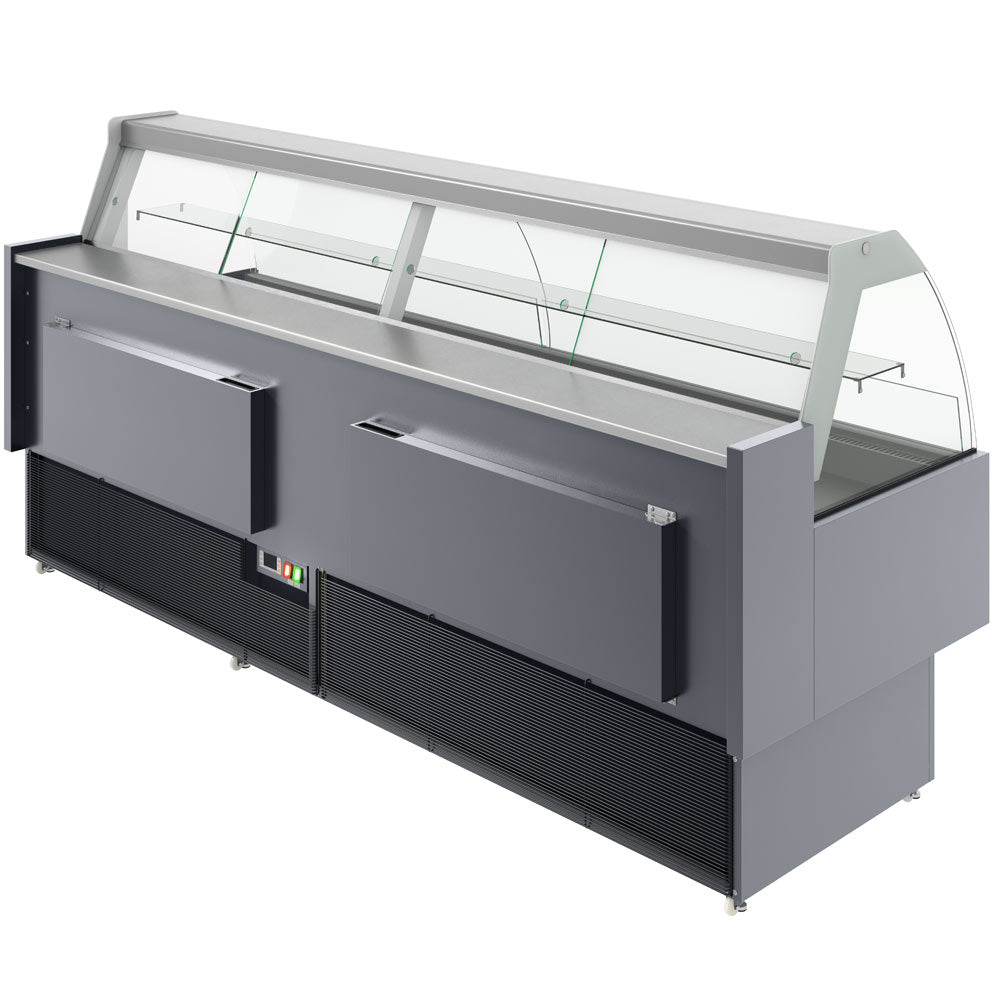 Coldline SDC98 curved glass meat deli case, rear view with storage doors