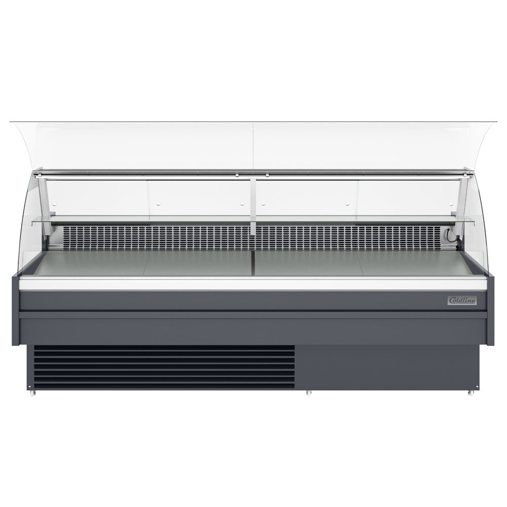 Coldline SDC98 curved glass meat deli case, front view with glass raised