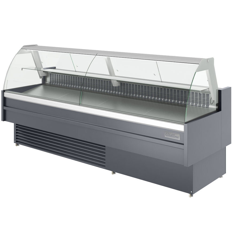 Coldline SDC98 curved glass meat deli case, angled front view