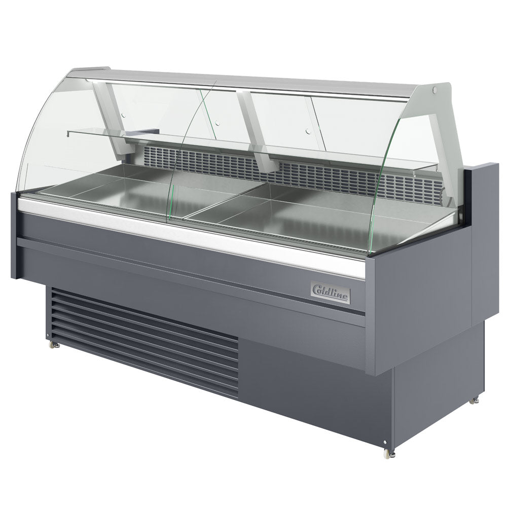 Coldline SDC72-F refrigerated fish display case, angled front view