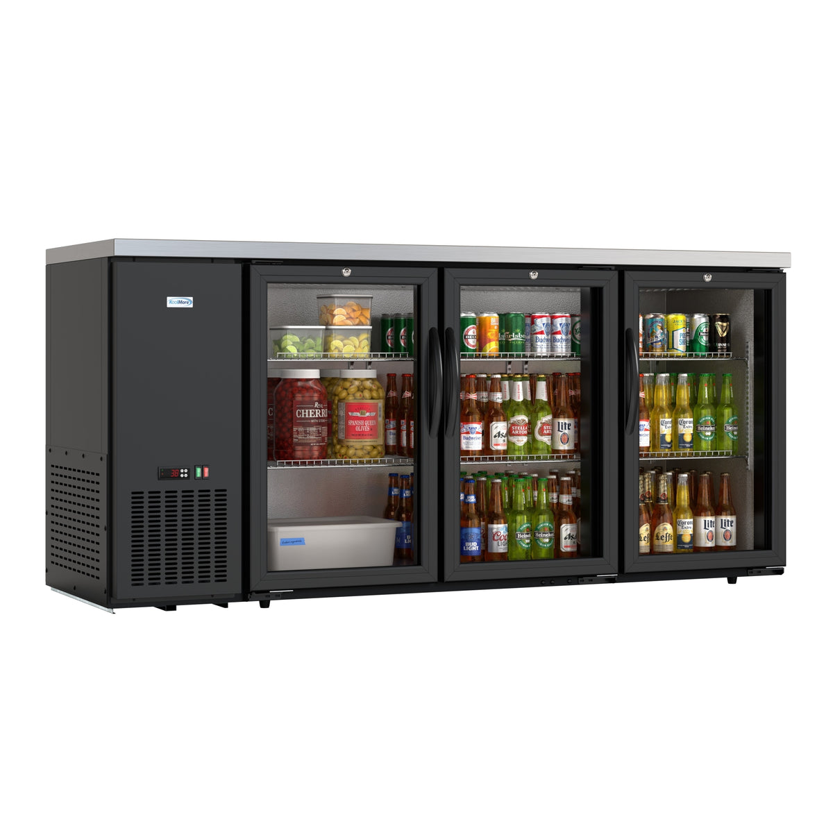 KoolMore KM-BC-3GD-SCBK 72-Inch Back Bar Cooler — 18 cu. ft., 3 Doors, Black