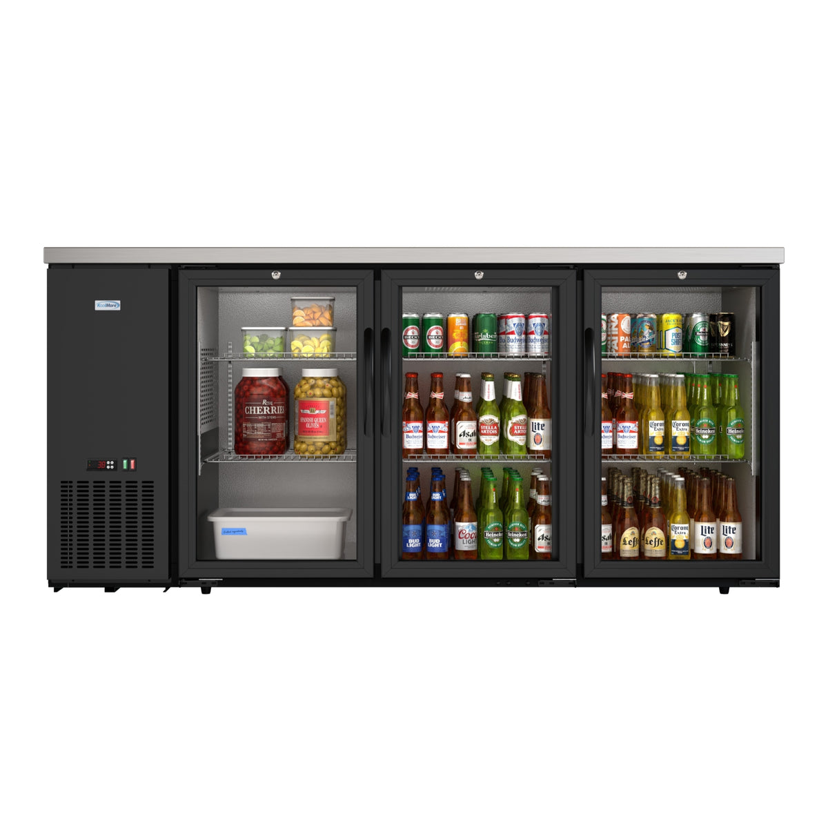 KoolMore KM-BC-3GD-SCBK 72-Inch Back Bar Cooler — 18 cu. ft., 3 Doors, Black
