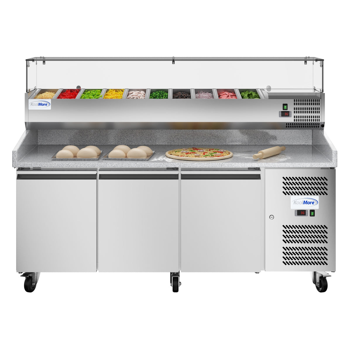 KoolMore KM-RPCPS-2D79-GRT 79-Inch Refrigerated Pizza Prep Table — 3 Doors