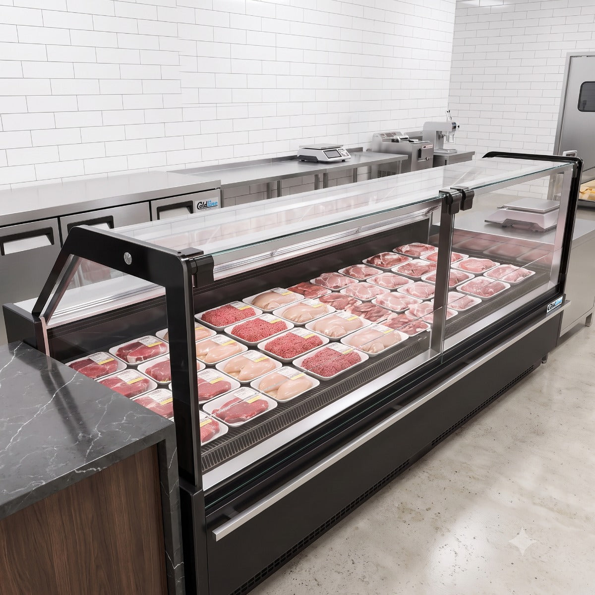 Coldline LDCD102 102" Deep Depth Refrigerated Flat Straight Glass Meat Deli Case with Rear Storage
