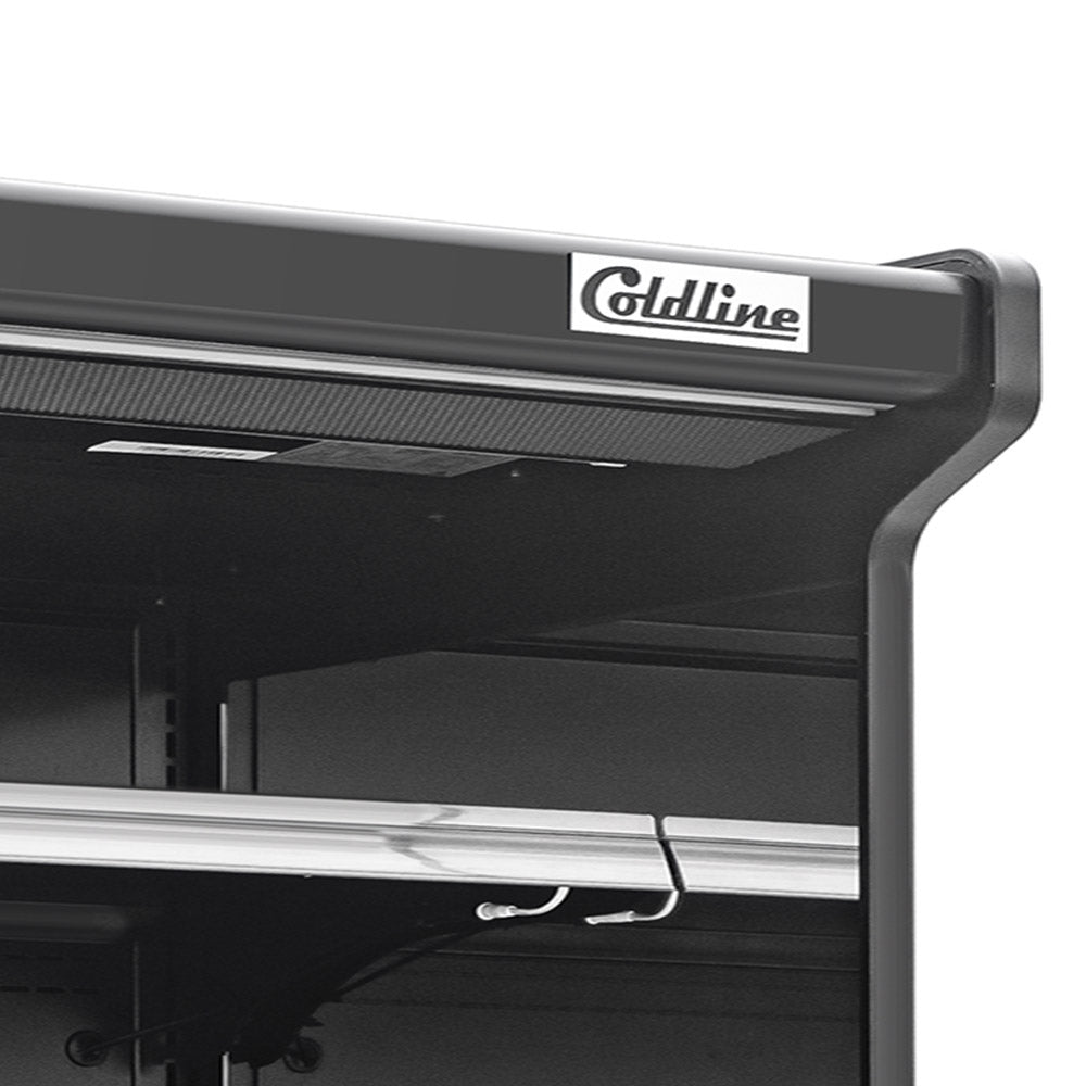 Coldline SOCD-61-B black open air merchandiser, close-up of the canopy with the Coldline logo