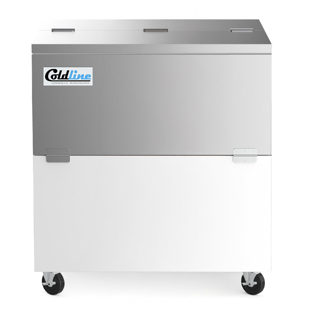 Coldline MC34 white school milk cooler, front view