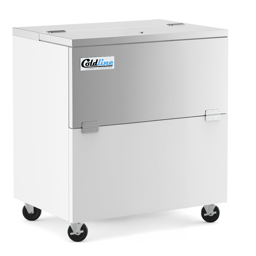 Coldline MC34 white school milk cooler, angled front view