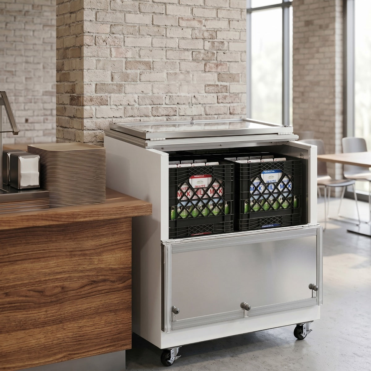 Coldline MC34 white school milk cooler, in a school cafeteria, filled with milk crates