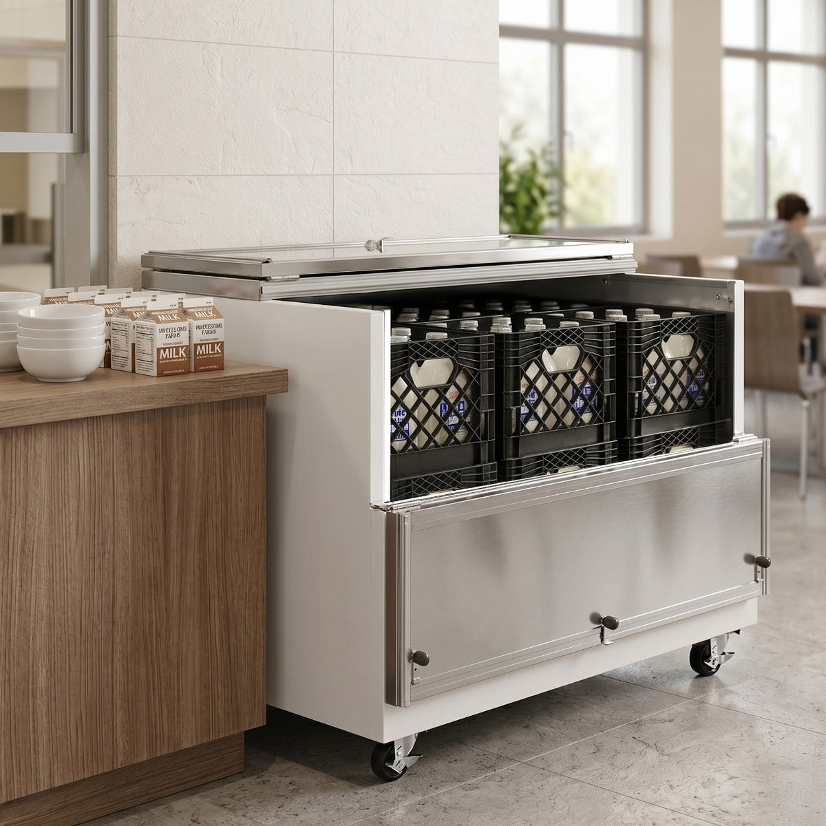 Coldline MC49 white school milk cooler, in a school cafeteria, filled with milk crates