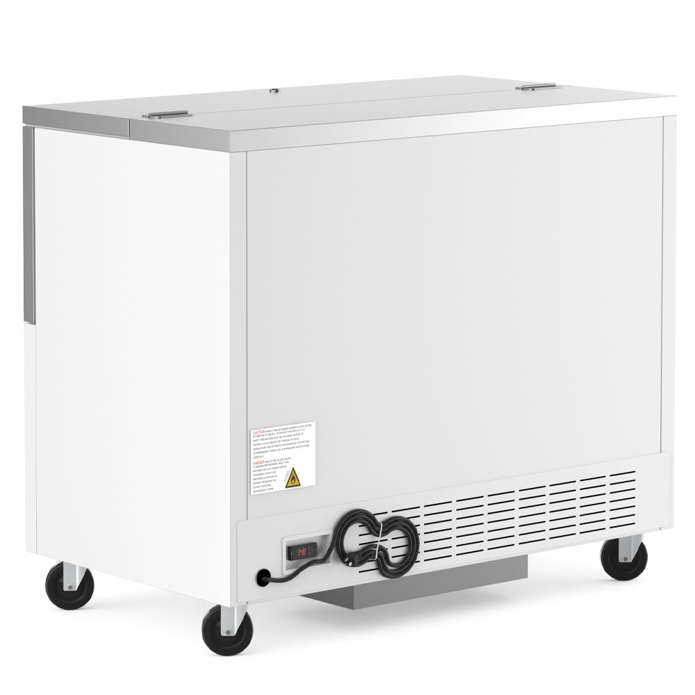 Coldline MC49 white school milk cooler, rear angle view with compressor