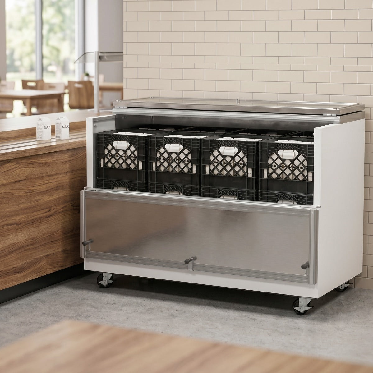 Coldline MC58 white school milk cooler, in a school cafeteria, filled with milk crates