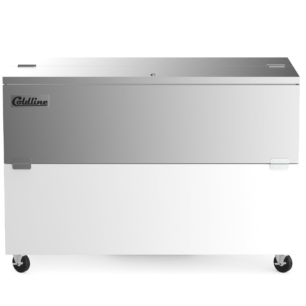 Coldline MC58 white school milk cooler, front view, lid closed