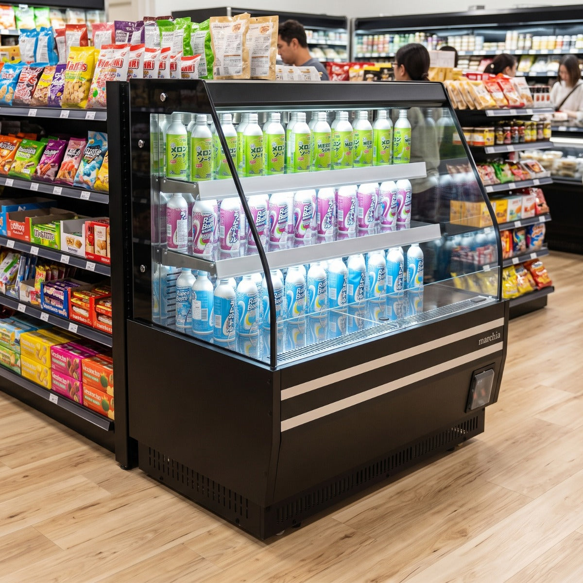 Marchia MDS1200-B 48" open air grab and go merchandiser, stocked with drinks in a store