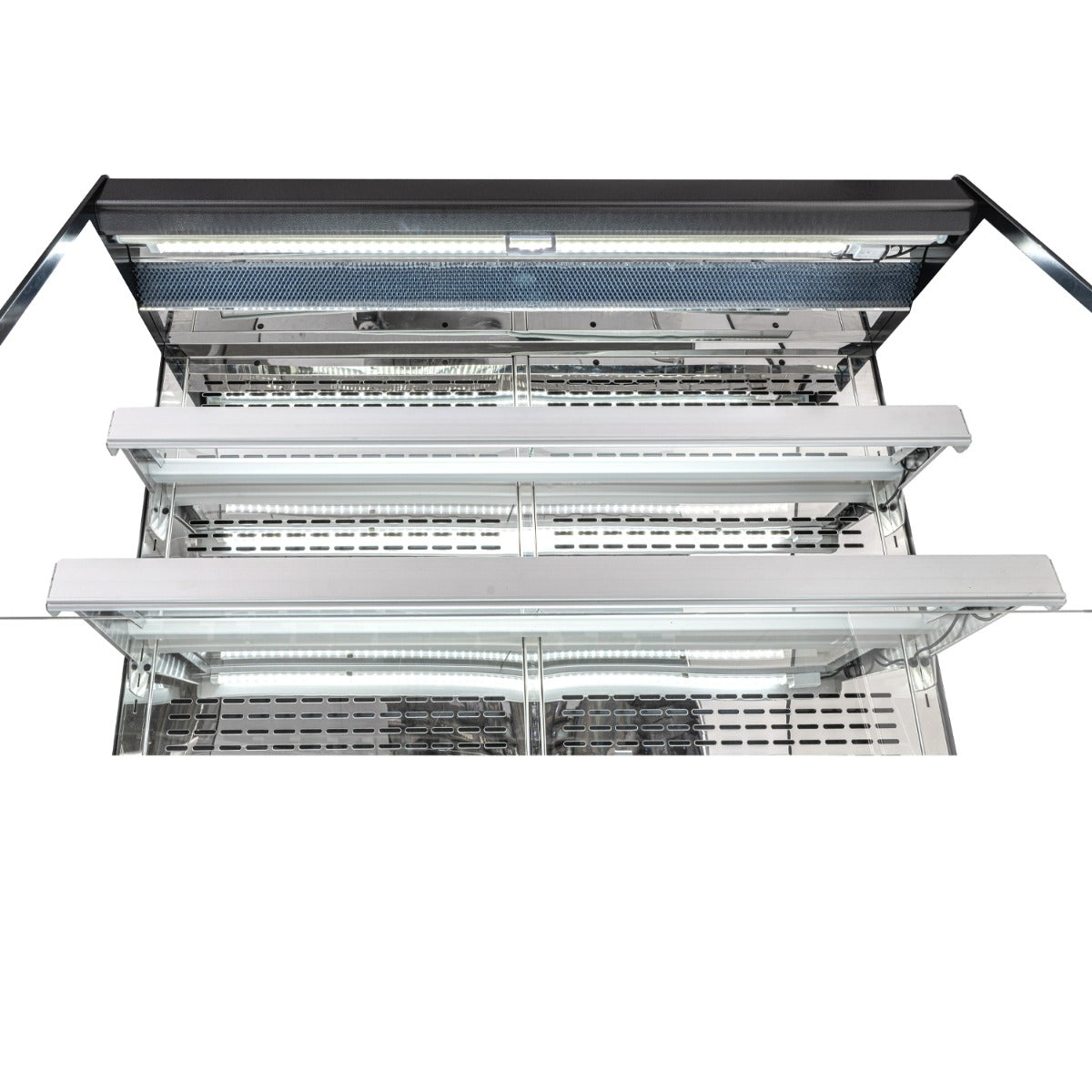 Marchia MDS1500-B 60" open air grab and go merchandiser, shelves from above, close-up