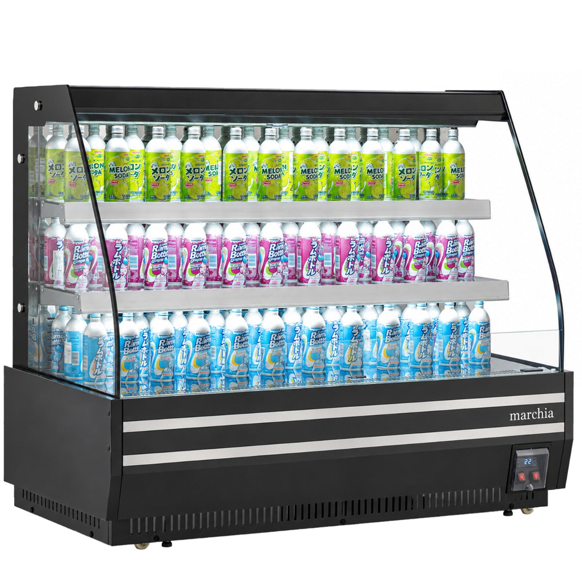 Marchia MDS1500-B 60" open air grab and go merchandiser, stocked with bottled drinks, angle view