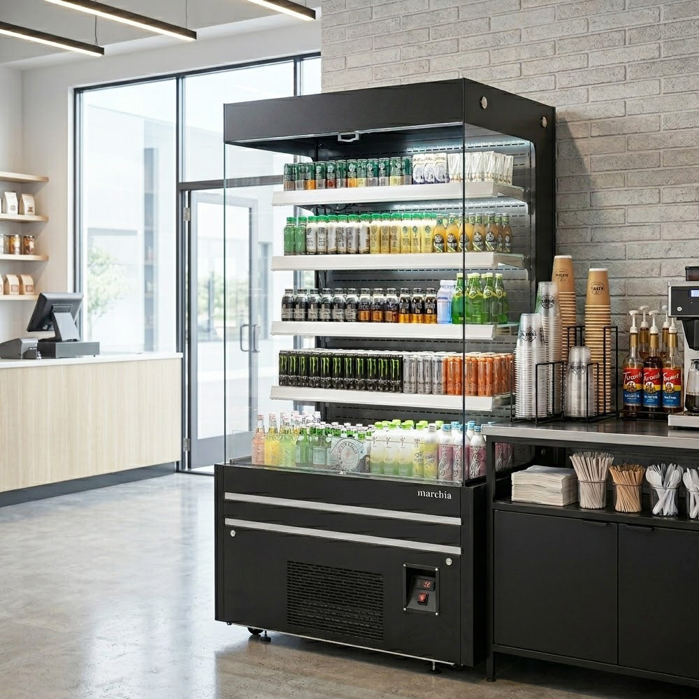 Marchia MDS48G 48" Black Open Air Cooler Grab and Go Refrigerator with Glass Sides