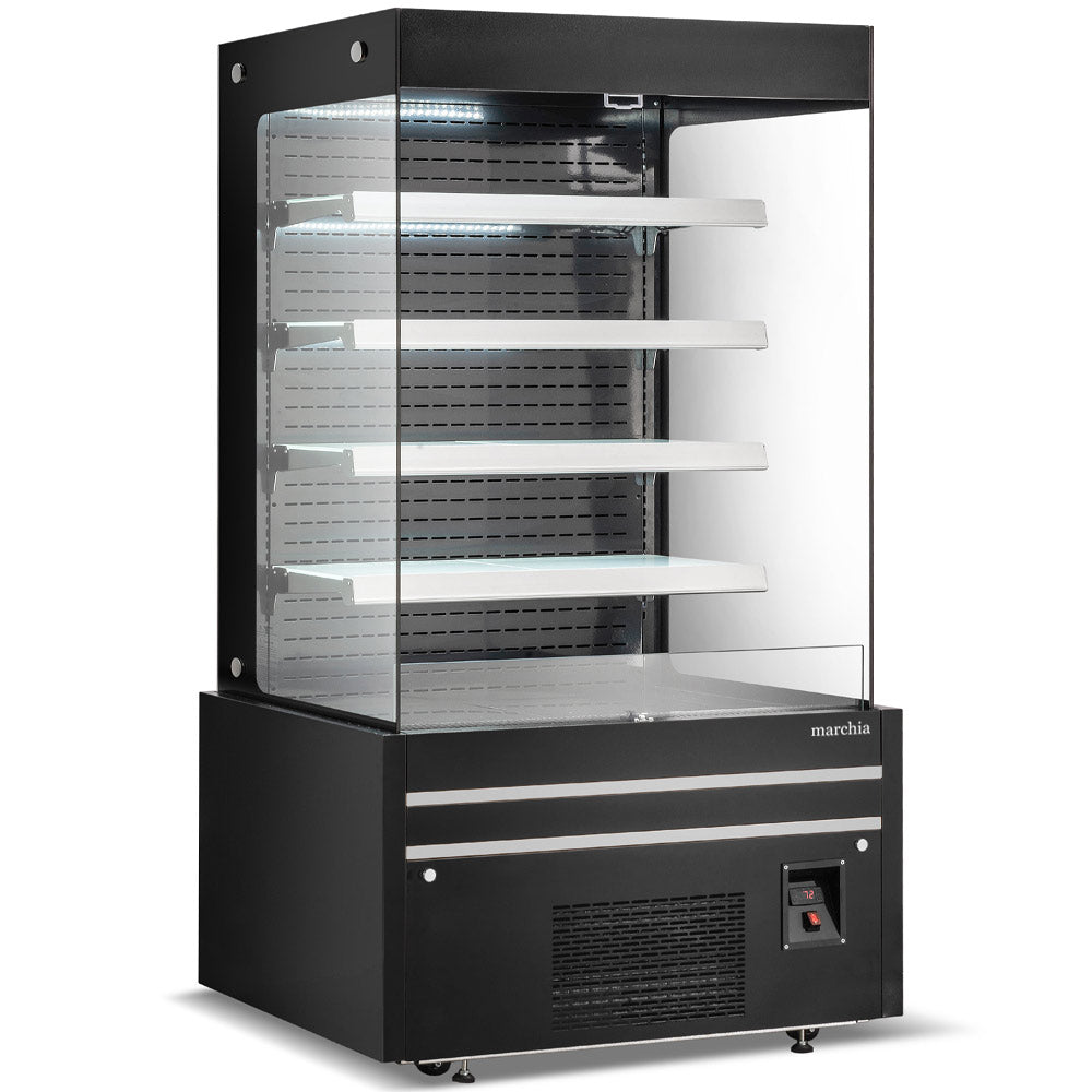 Marchia MDS48G 48" Black Open Air Cooler Grab and Go Refrigerator with Glass Sides