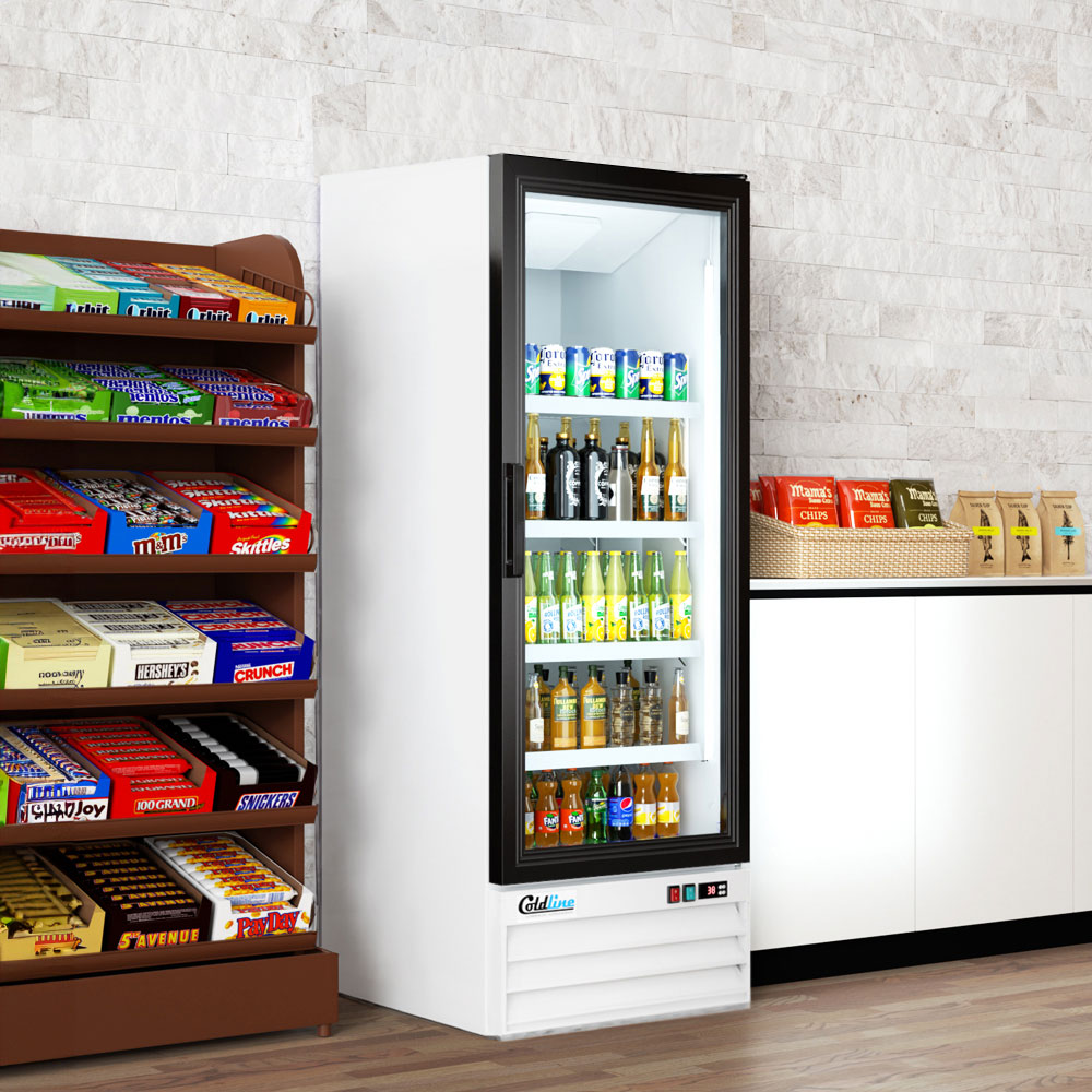 Coldline G10-W white glass door merchandiser refrigerator, stocked with drinks in a store (representative image)