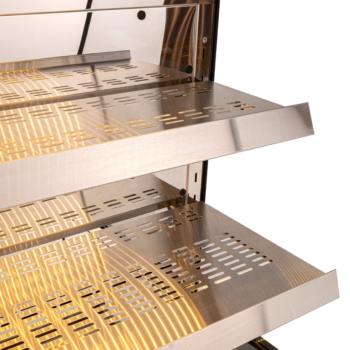 Marchia MHS900-B 36" open heated grab and go display case, stainless steel shelves, close-up