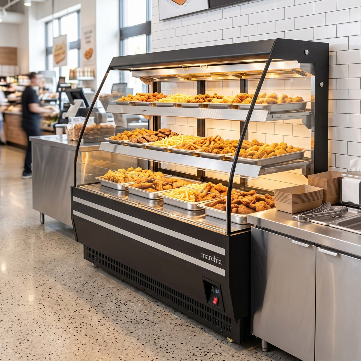 Marchia MHS1500-B 60" open heated grab and go display case, stocked with hot food in a store