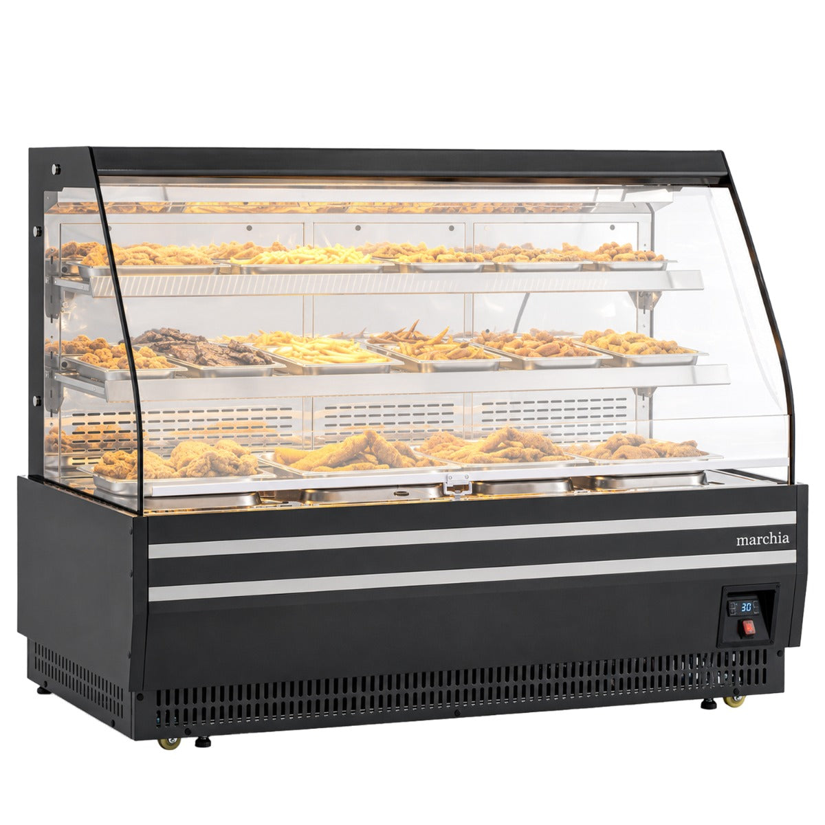 Marchia MHS1500-B 60" open heated grab and go display case, stocked with hot food, front angle view