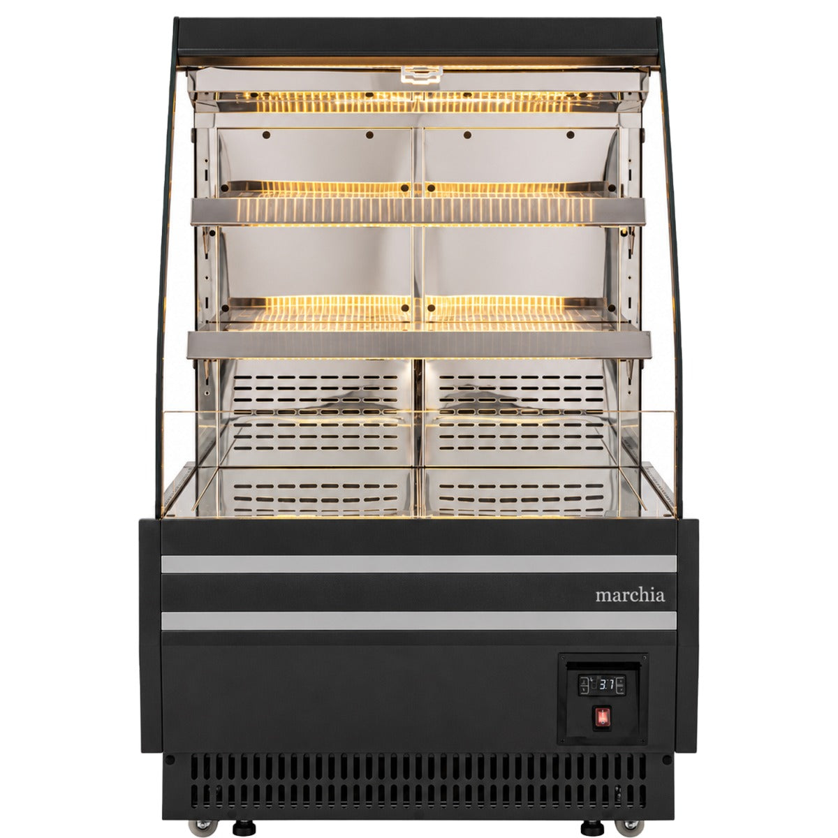 Marchia MHS900-B 36" open heated grab and go display case, empty with heat lamps on, front view