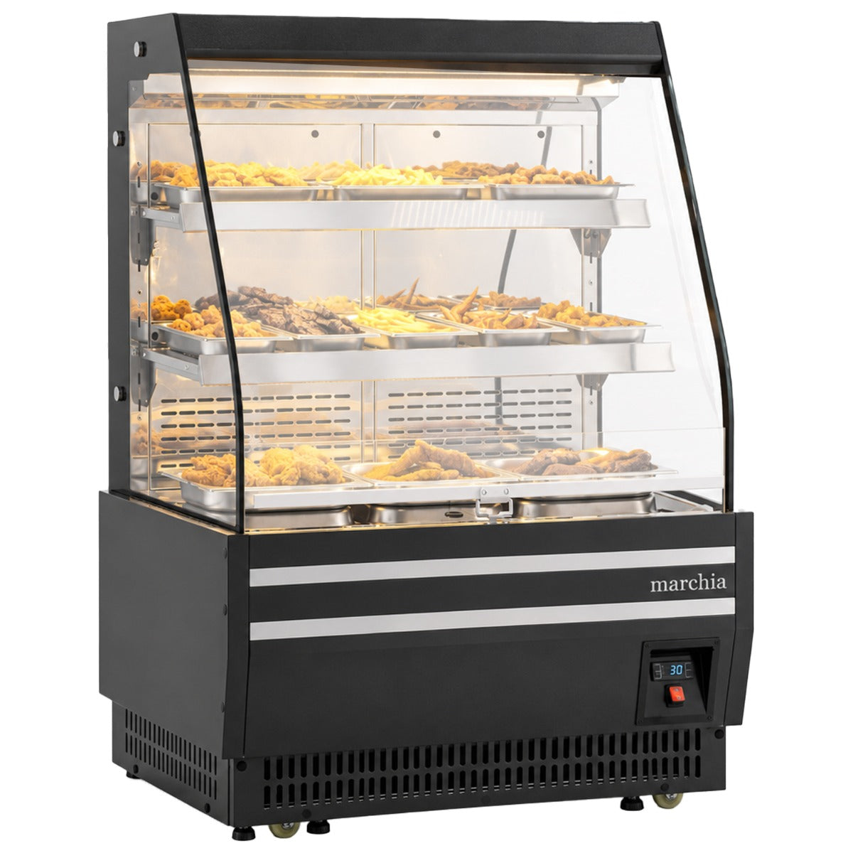 Marchia MHS900-B 36" open heated grab and go display case, stocked with hot food, front angle view