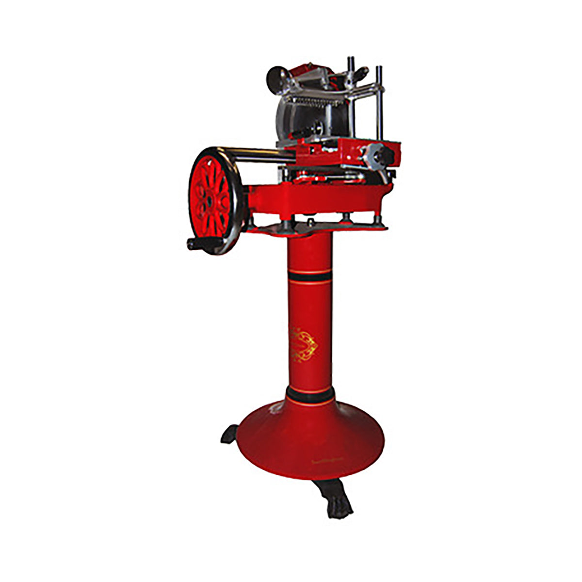 Marra Forni AF350 red flywheel meat slicer shown on the optional pedestal, three-quarter view (representative image)