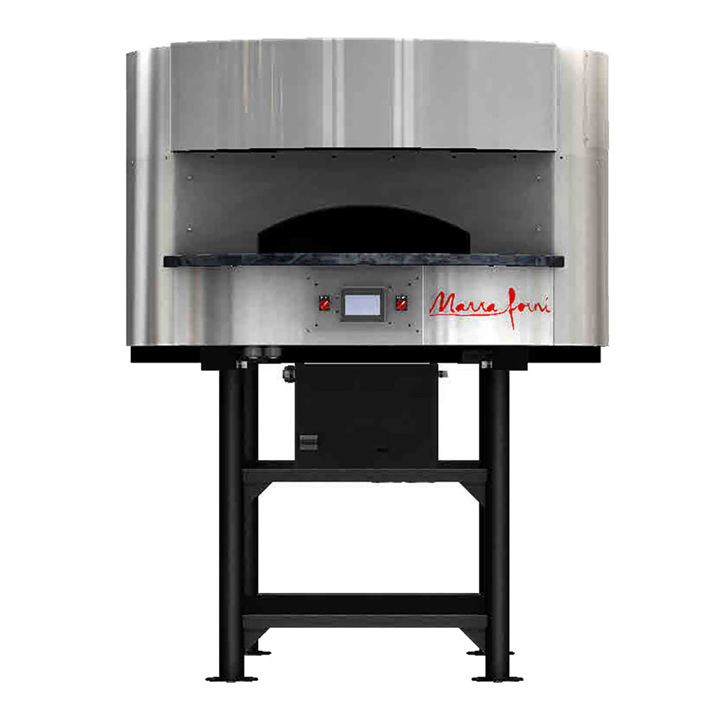 Marra Forni ELMR39-43 electric brick pizza oven with round stainless steel exterior on black steel stand, front view