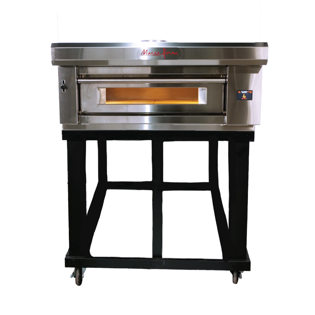 Marra Forni ELST37-36/1 single-deck electric pizza oven on black stand with casters, front view, oven lit