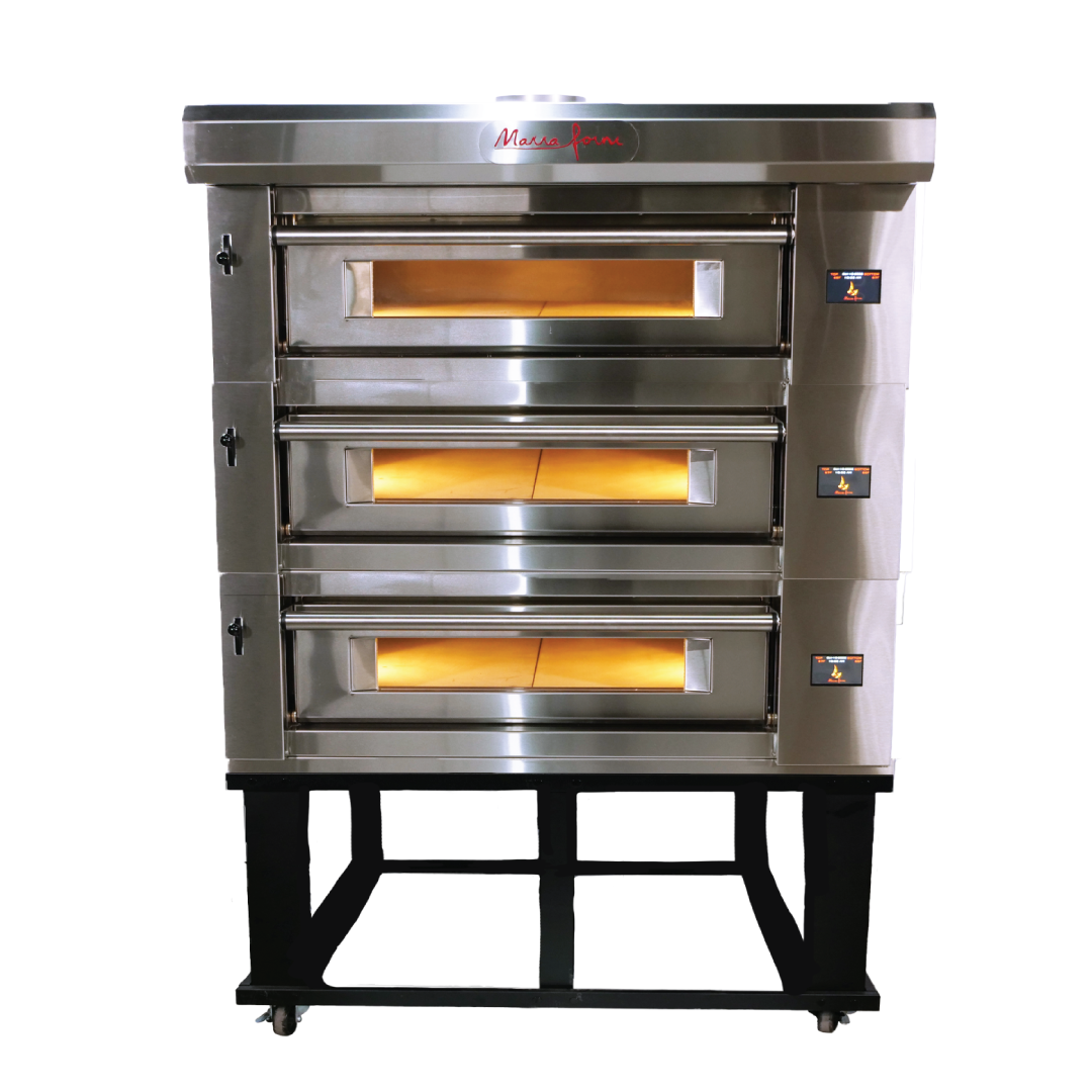 Marra Forni ELST37-36/3 three-deck electric pizza oven on black stand with casters, front view, ovens lit