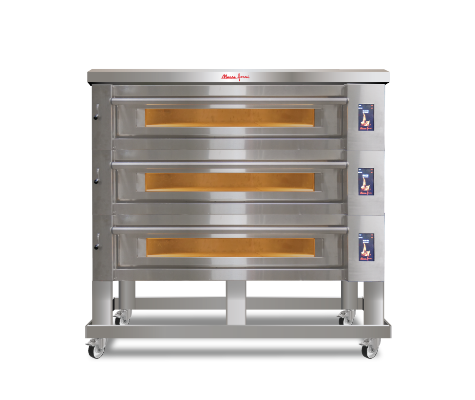Marra Forni ELST55-36/3 three-deck electric pizza oven on mobile steel stand with casters, front view