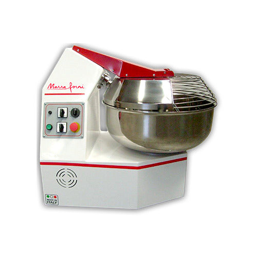 Marra Forni FC35M fork dough mixer with stainless steel bowl and red bowl guard, side view (representative image)