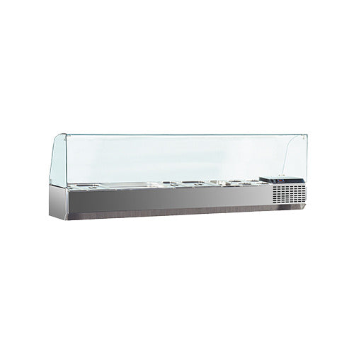 Marra Forni GAC166 refrigerated condiment rail with glass sneeze guard and pans, front view