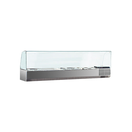 Marra Forni GAC225 refrigerated condiment rail with glass sneeze guard and pans, front view