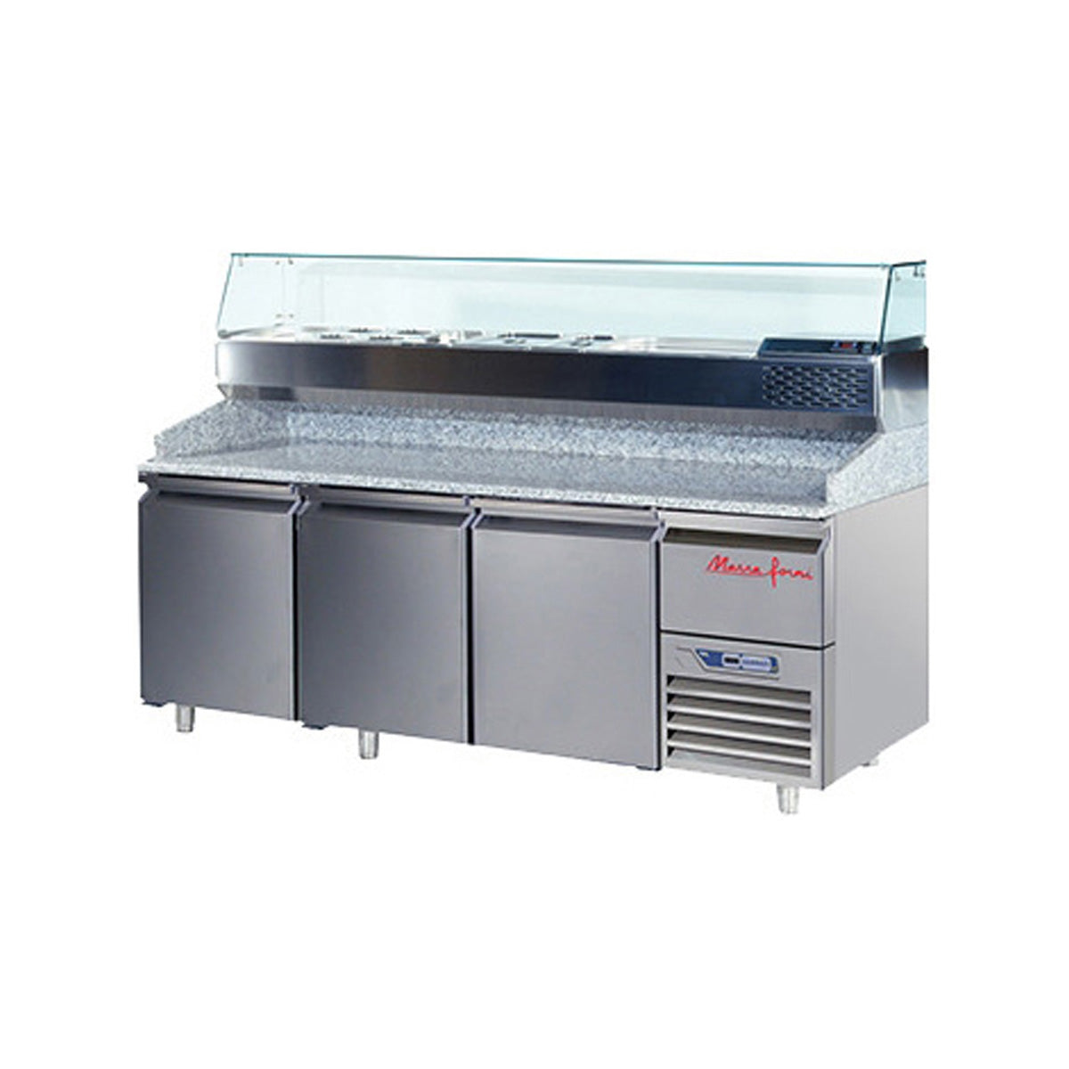 Marra Forni GPZ225A 3-door refrigerated pizza prep table with granite top and glass-covered condiment rail, front view