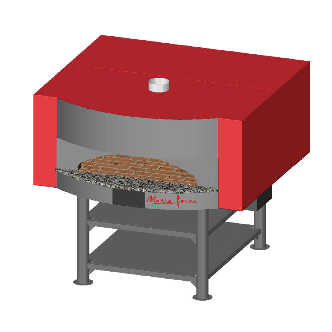 Marra Forni MS71-59W wood-fired brick pizza oven with red square metal body and granite ledge on steel stand, angled front view (rendering)