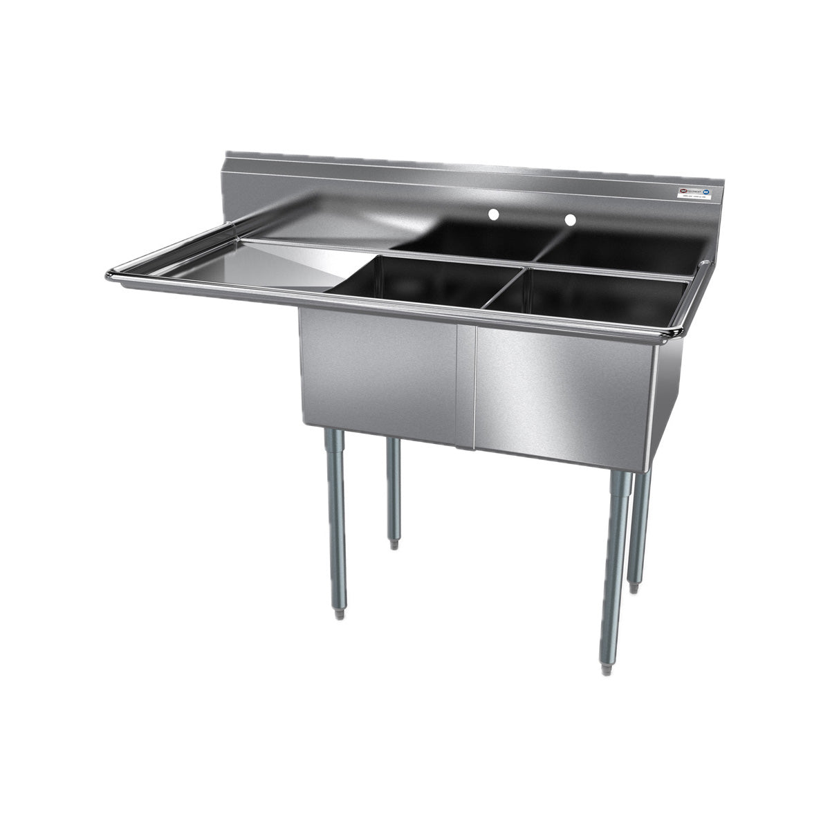 NBR Equipment 2SG-162012L18 52" Two Compartment Sink, 16"W x 20"L Bowl With Left-Hand Drainboard