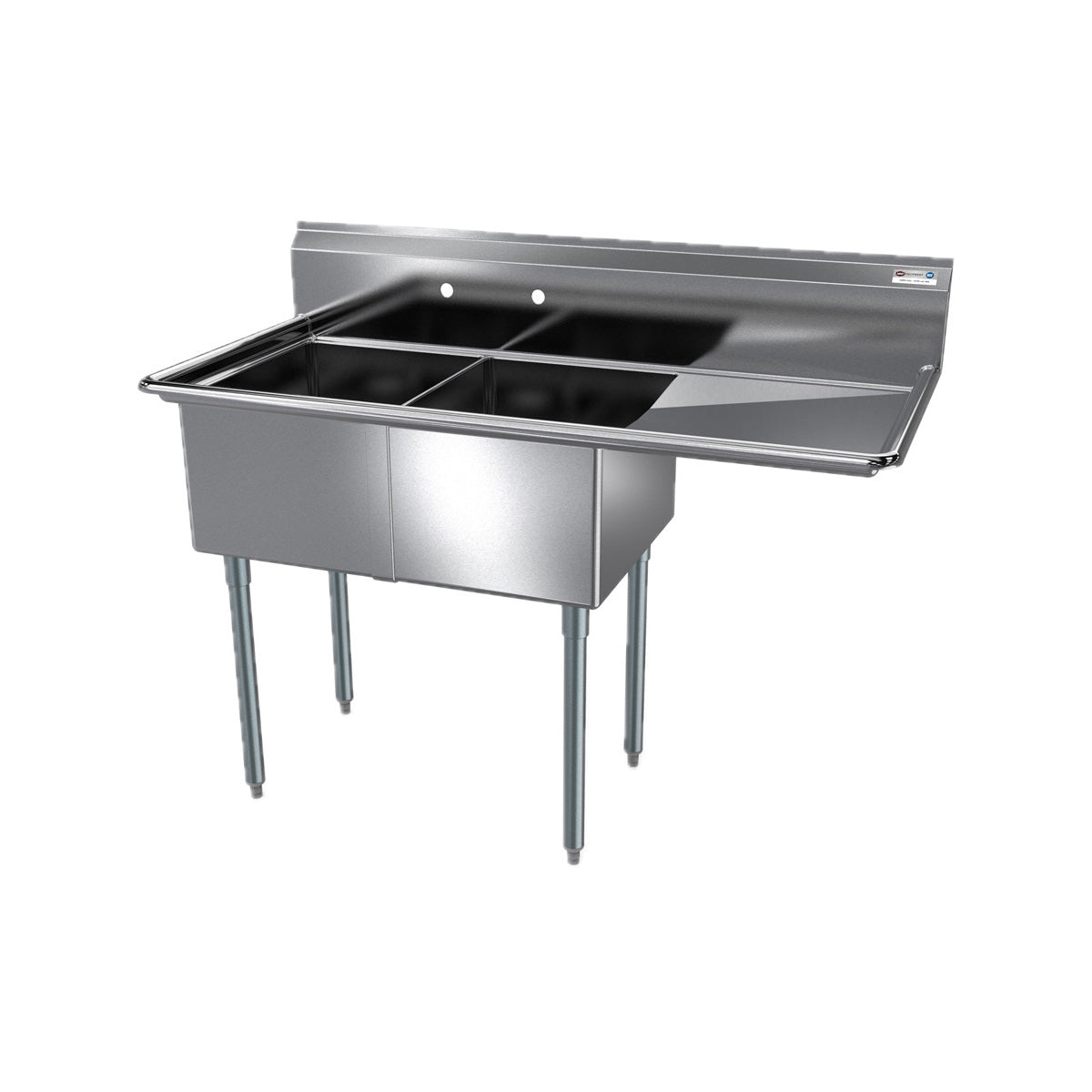 NBR Equipment 2SG-242414R24 74" Two Compartment Sink, 24"W x 24"L Bowl With Right-Hand Drainboard